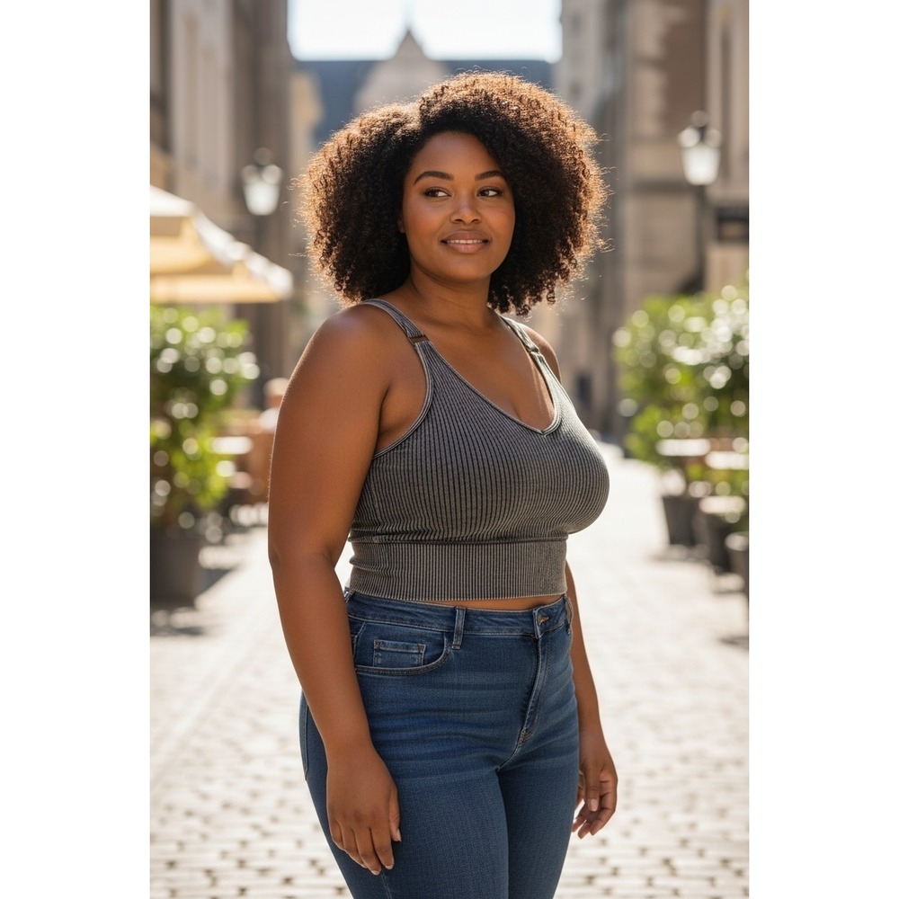 Zenana Ribbed Seamless Crop Top Mineral Wash Olive Green Tank L/XL